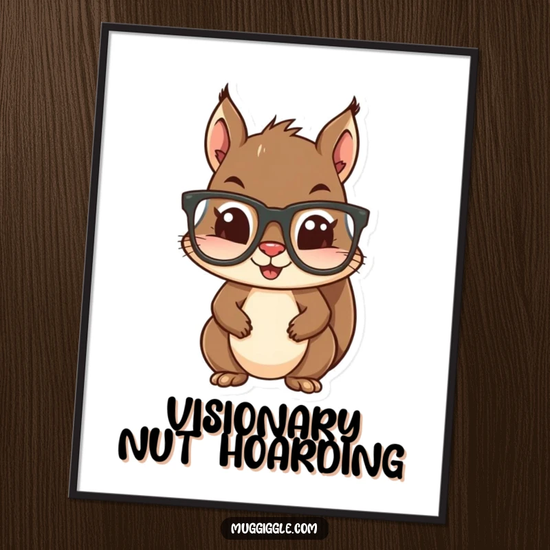 Funny poster artwork of a squirrel attempting to put on large glasses, conveying a sense of playful confusion and charm.