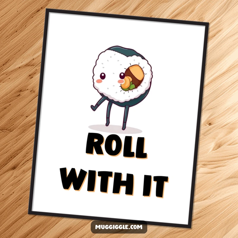 Funny sushi roll poster, depicted mid-cartwheel with legs flailing slightly, a comedic and colorful food art piece for humorous decor.