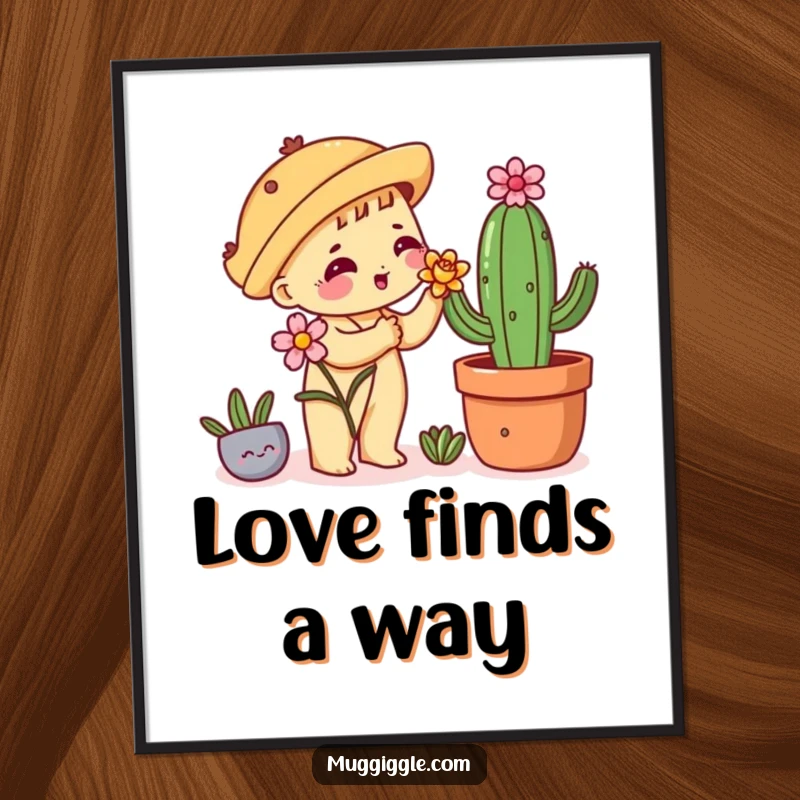 Funny art poster of a shy taco character nervously offering a flower to a cactus, capturing sweet, awkward affection.