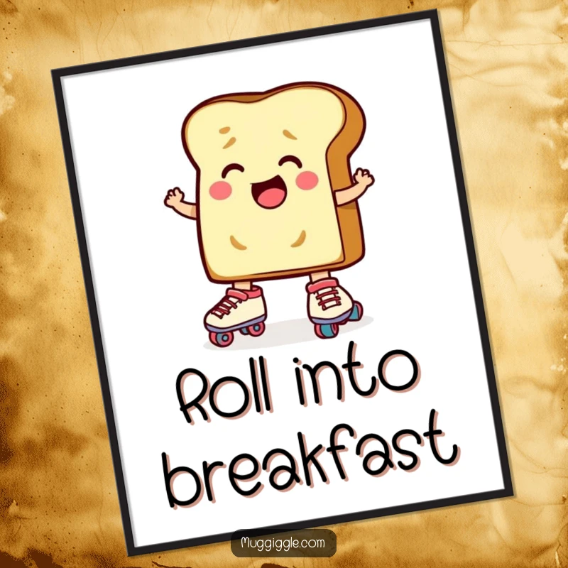 Funny Toast Roller Skates Poster: A determined slice of toast character comically trying to put on roller skates, inspiring cartoon wall art.