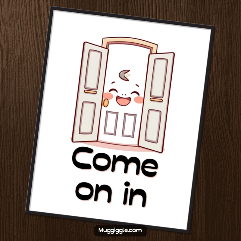 Funny poster art of a friendly door character opening wide to reveal a joyful, laughing face, inviting viewers in.