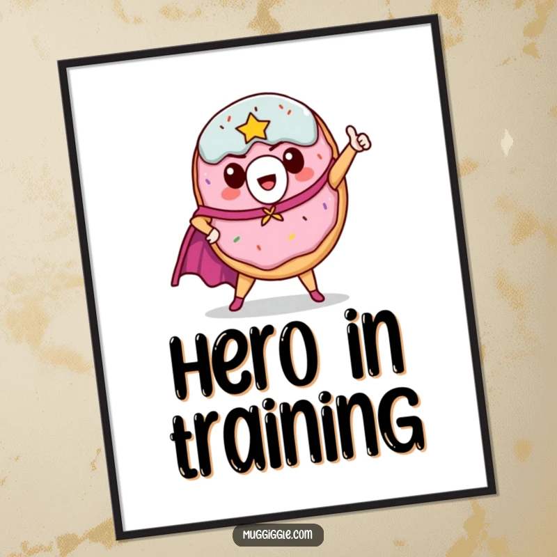 Funny donut hero poster, depicted in a heroic pose with a cape, ready to inspire.