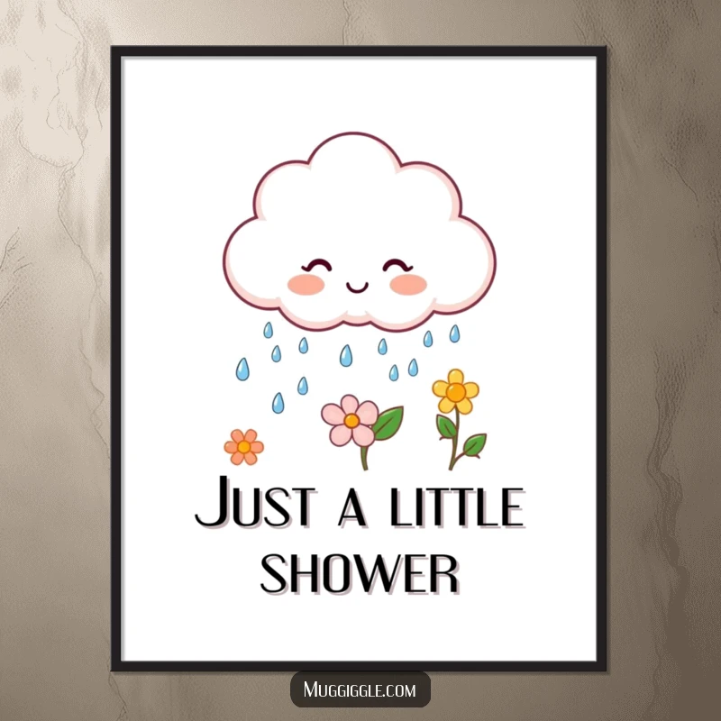 Funny cloud character poster, raining happy drops on a flower, creating a scene of gentle growth.