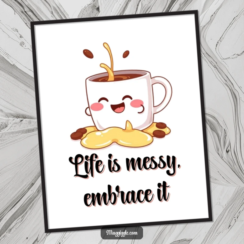 Funny poster featuring a giggling coffee mug character in a decorative spill, a humorous and artistic depiction for wall decor.