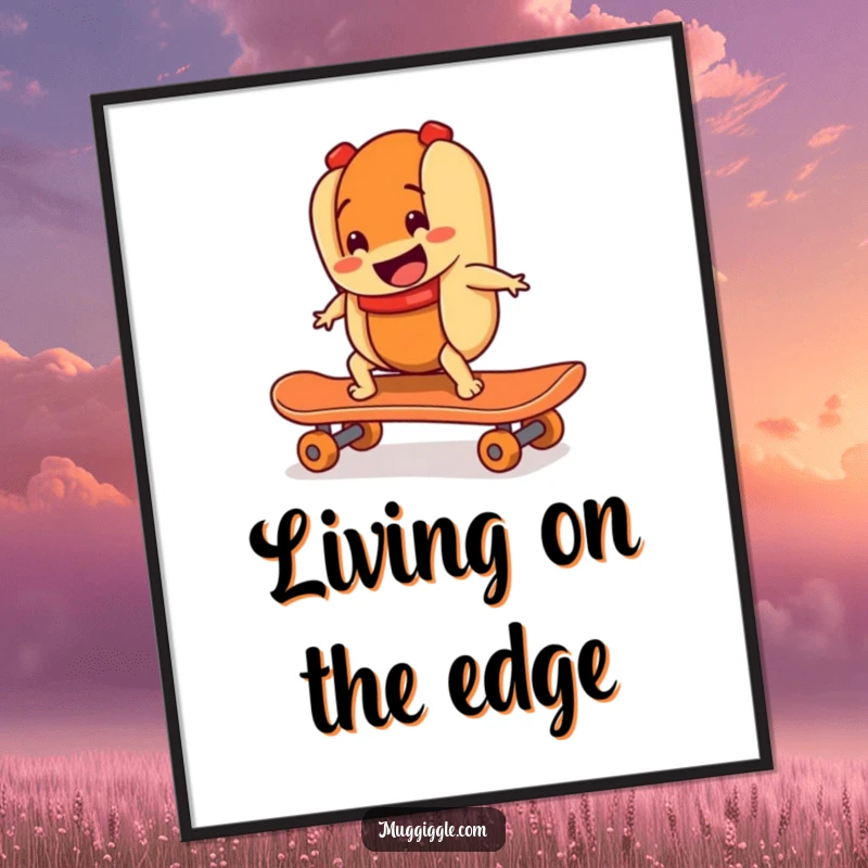 Funny poster featuring a smiling hot dog character riding a runaway skateboard, creating dynamic and humorous wall art.