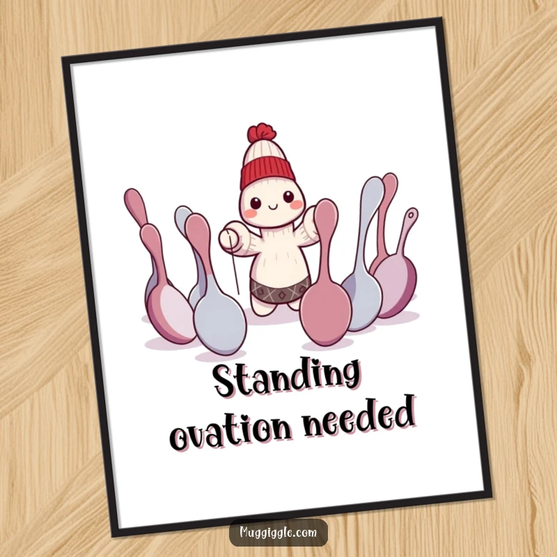 Funny sock puppet character performing a dramatic play for bewildered spoons, a hilarious and vibrant poster print.
