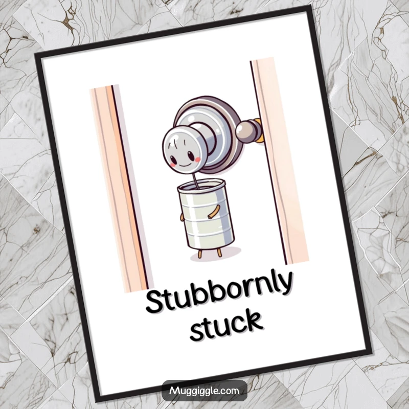 Funny Poster: A sentient door knob attempts to open a minuscule, obstinate tin can, highlighting a humorous struggle.