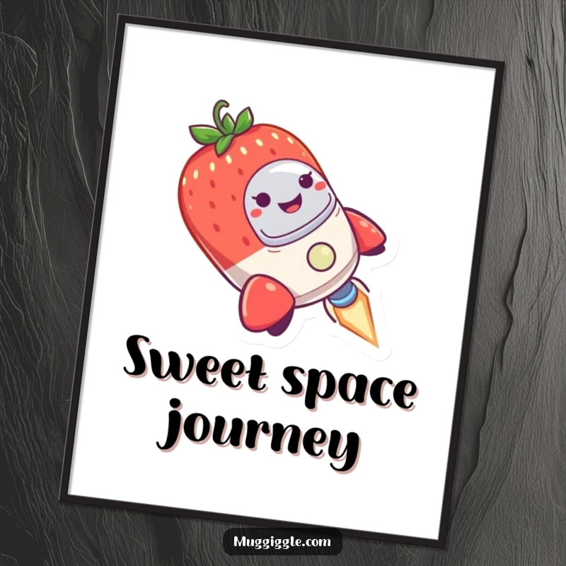 Funny Poster illustrating a tiny rocket ship, piloted by a smiling strawberry, wobbling amusingly in mid-air.