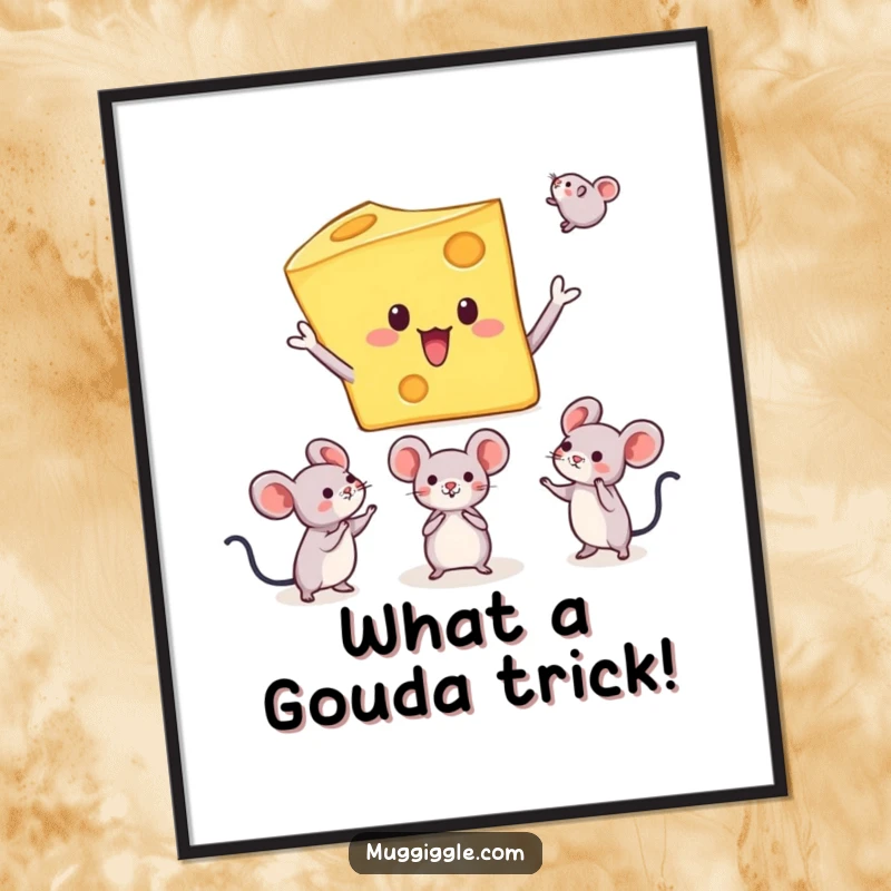 Funny poster featuring a cheese character juggling tiny mice, creating a humorous and surreal piece of wall art for unexpected laughs.
