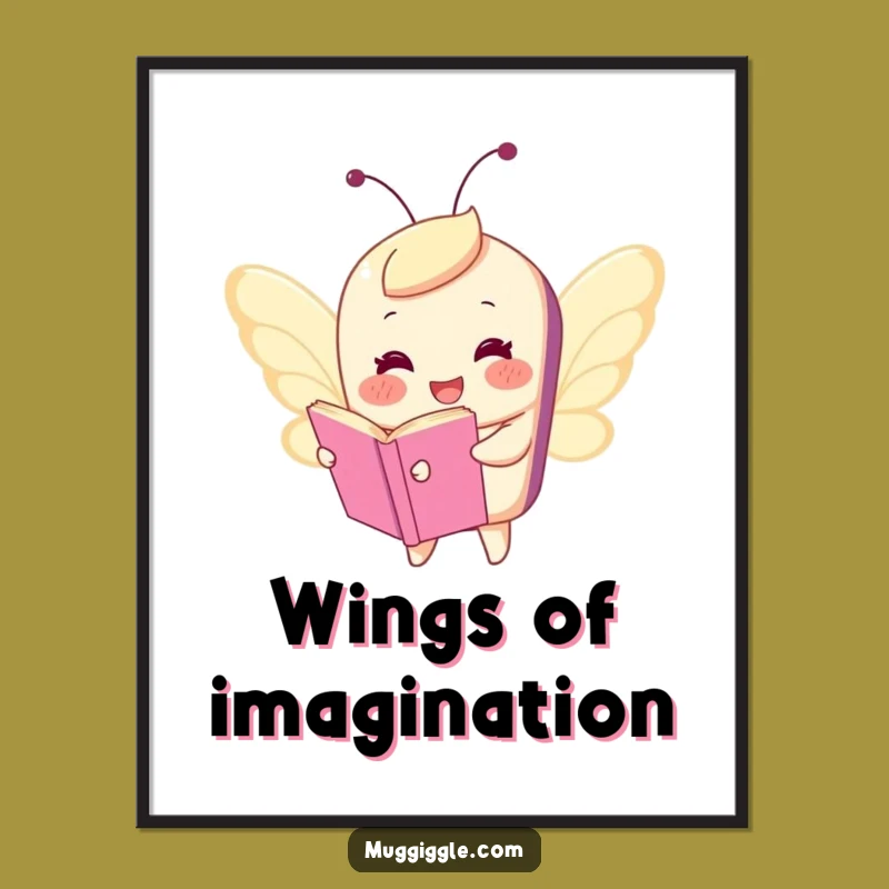 Funny Flying Book Poster: Whimsical Character Butterfly Wings Art