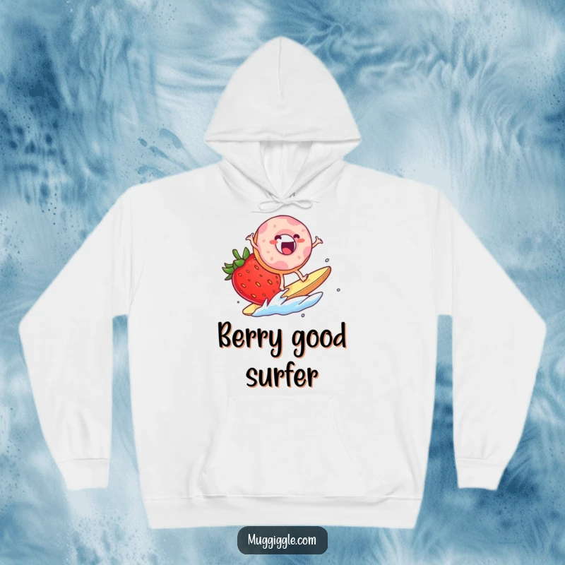 Funny Hoodie: An excited donut character surfing on a giant strawberry slice, providing cozy humor and sweet adventure vibes.