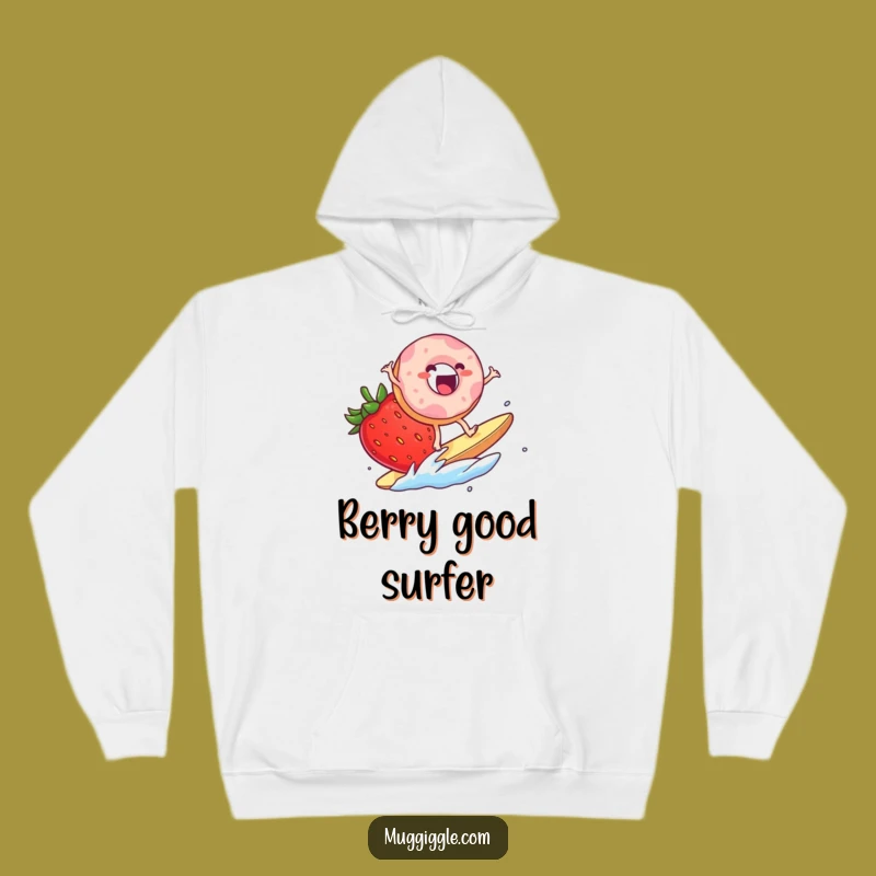 Funny Donut Surf Hoodie: Cozy Humor with a Strawberry Wave Riding Character