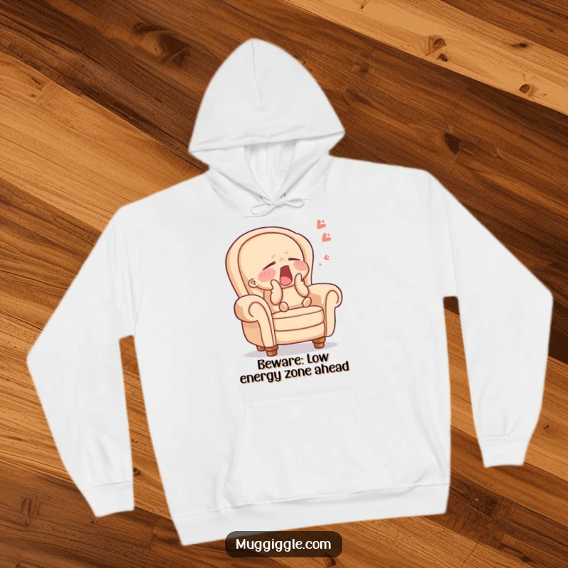 Funny armchair hoodie depicting a sleepy character yawning widely, offering warmth and humor for ultimate relaxation, a great funny gift.