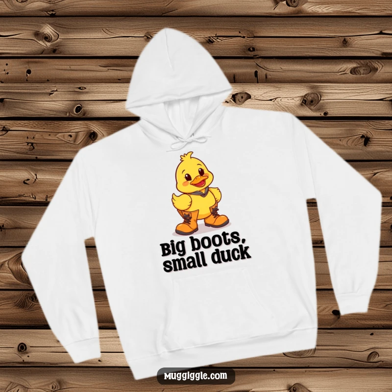 Funny rubber duck character awkwardly wearing oversized boots, showcased on a cozy hoodie for humorous appeal.