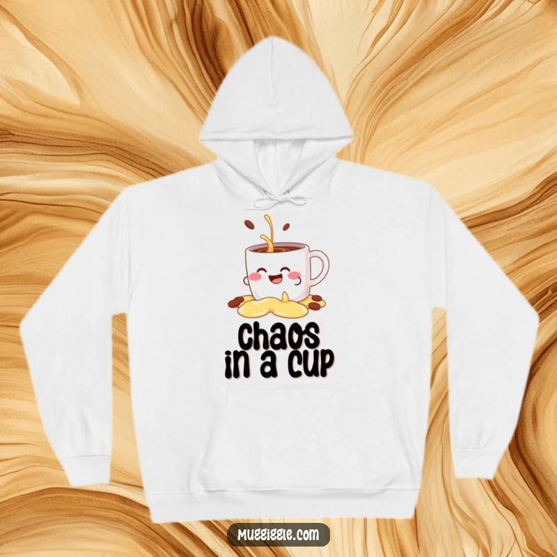 Funny hoodie with a giggling coffee mug character in a decorative spilling pose, offering warmth and humor for chilly days.