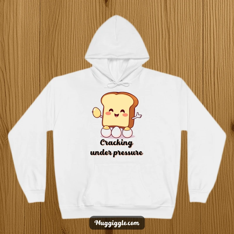 Funny hoodie depicting a toast character juggling eggs, providing cozy comfort and a humorous breakfast theme for wearers.