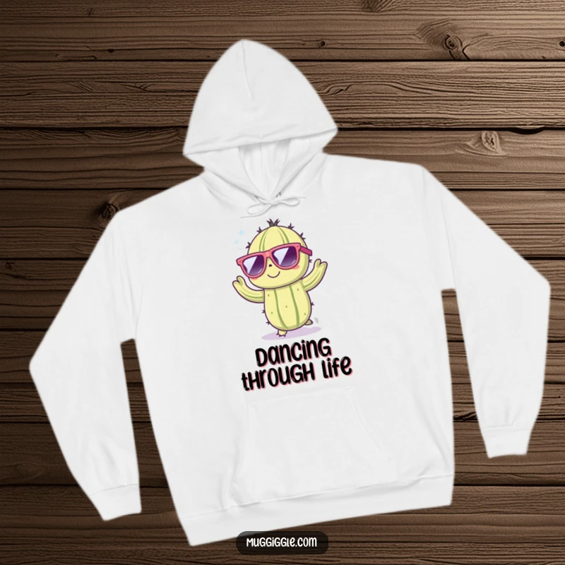Funny hoodie depicting a cute cactus character in huge sunglasses, energetically dancing and radiating cool vibes.