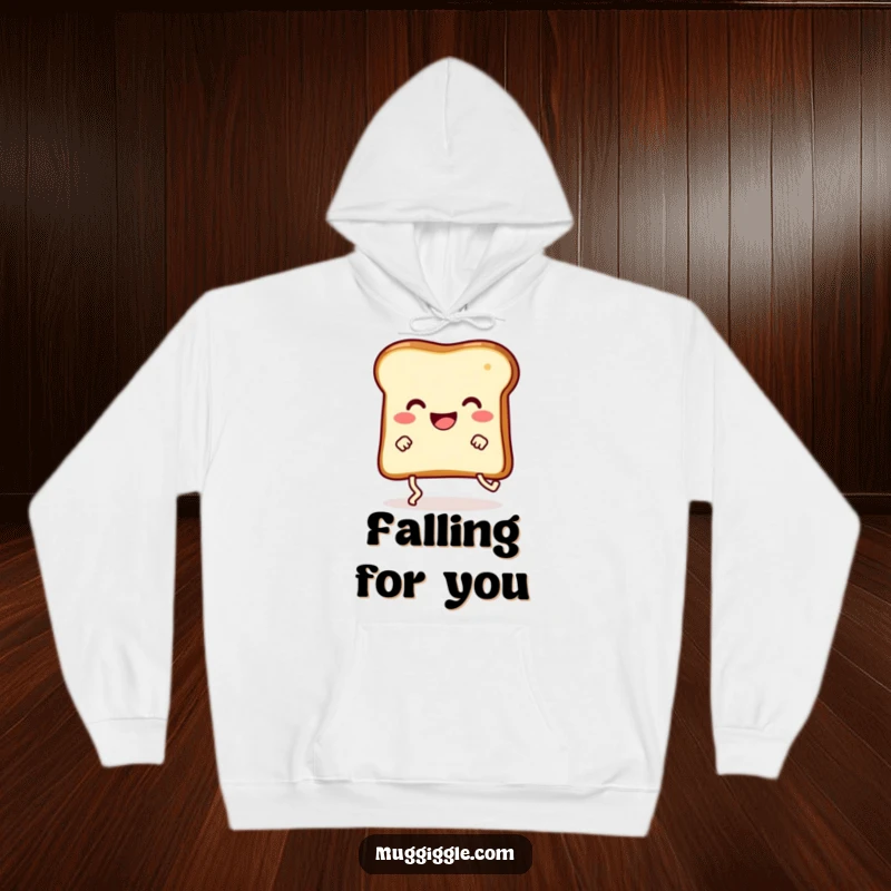Funny happy breakfast toast with legs stumbling hilariously, featured on a soft and warm hoodie.