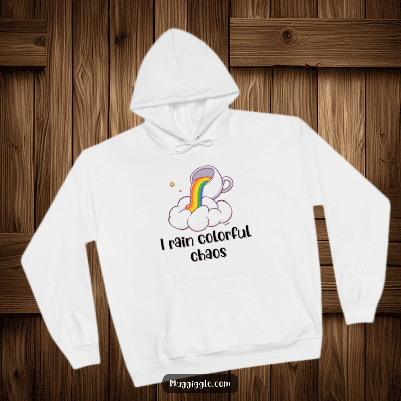 Funny Hoodie: A tiny teacup gleefully spills a vibrant rainbow onto a stunned, fluffy cloud, creating a whimsical and humorous scene.