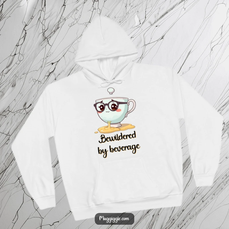 Funny hoodie with a teacup character wearing spectacles spilling tea, offering warmth and a touch of hilariously bewildered charm.