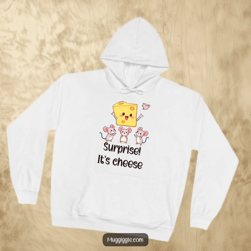 Funny hoodie with a cheese character juggling tiny mice, offering warmth and a dose of hilarious, absurd entertainment.