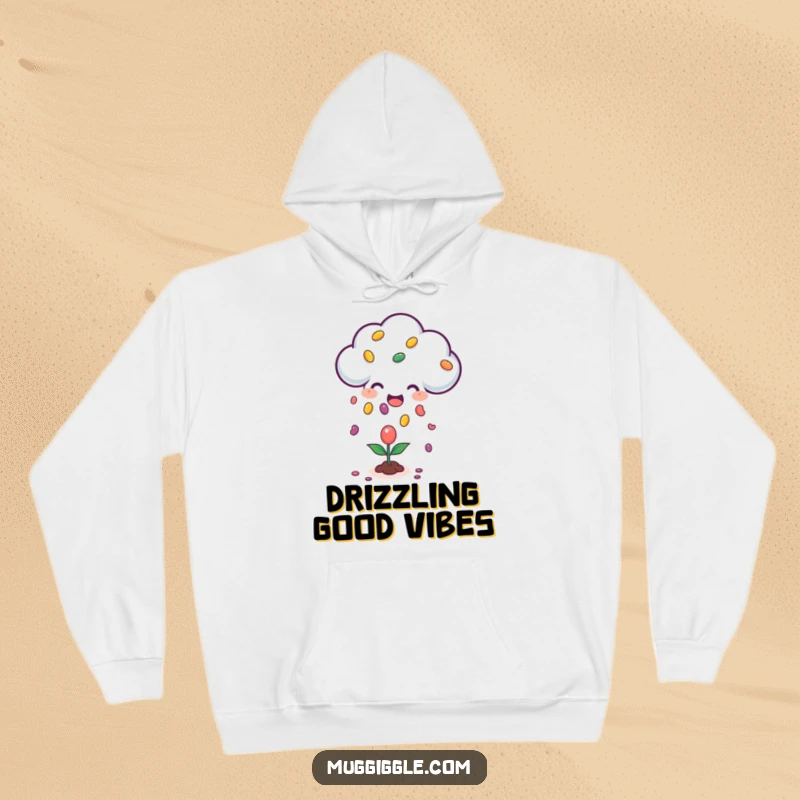 Funny hoodie featuring a happy cloud character showering a small plant with colorful jellybeans, embodying cheerful weather and sweet surprises.