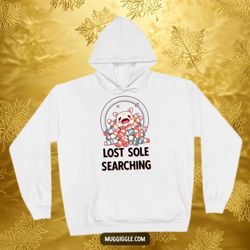 Funny pile of socks confusedly trying to escape a laundry basket portal, featured on a soft hoodie.