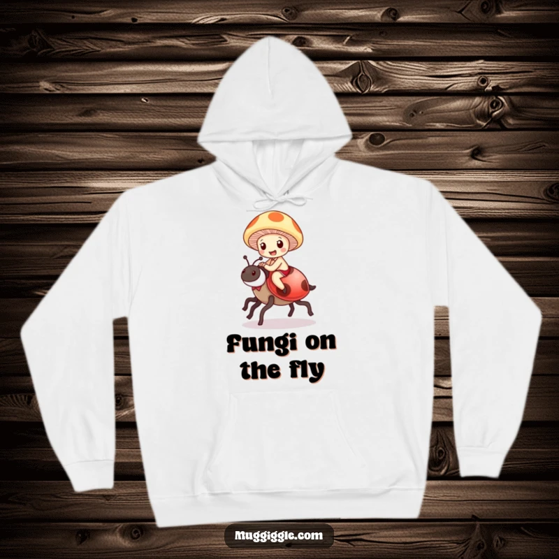 Funny Mushroom Ladybug Hoodie: A delighted mushroom character joyfully rides a ladybug as a steed, a cozy and magical top.