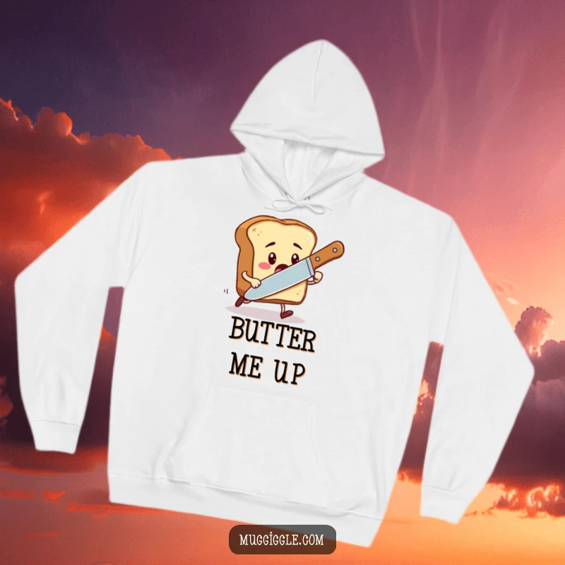 Funny hoodie depicting a toast character in a panic, fleeing from a large, playful butter knife, perfect for cozy mornings.