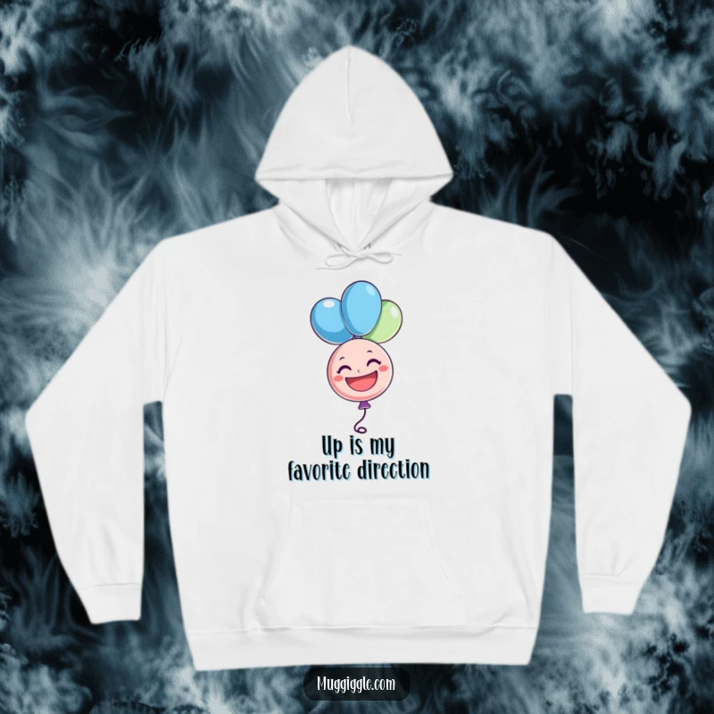 Funny hoodie with a cheerful balloon character floating upside down and grinning, providing cozy comfort and a dose of uplifting humor, a funny gift.