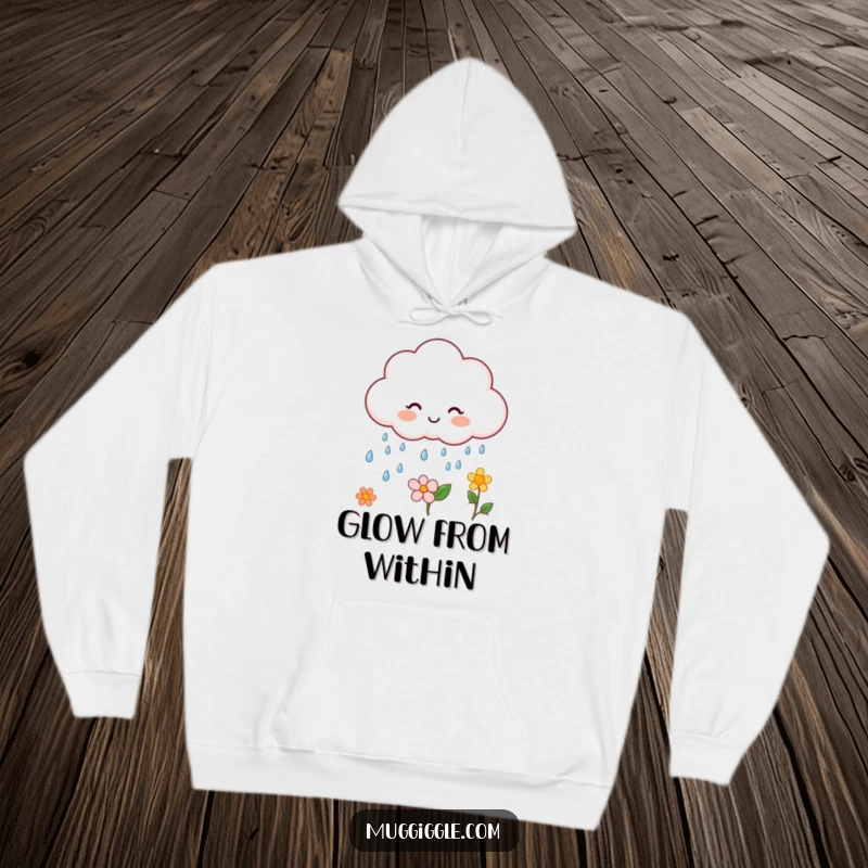 Funny cloud character hoodie, gently raining happy drops on a flower, creating a soft, cheerful scene.