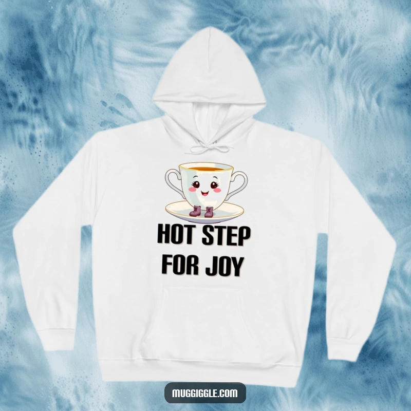 Funny smiling teacup wearing tiny boots, tap-dancing with glee on a saucer, featured on a soft hoodie.