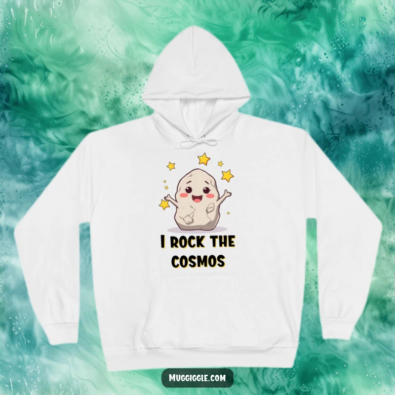 Funny smiling rock character juggling tiny stars, featured on a cozy hoodie for warm, humorous vibes.