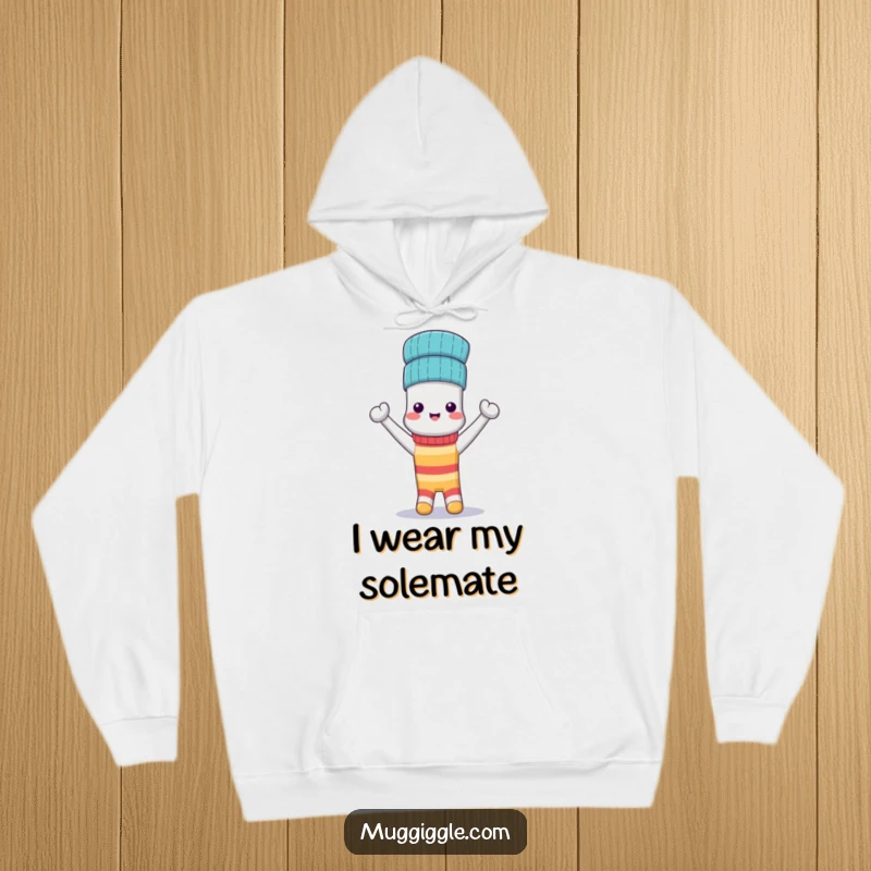 Funny Hoodie: An anthropomorphic sock proudly displays its matching sock worn as a triumphant hat, celebrating togetherness.