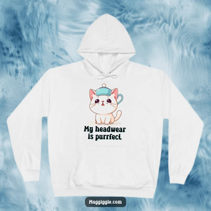 Funny hoodie featuring a surprised cat character comically wearing a teacup as a hat, perfect for cozy, humorous wear.