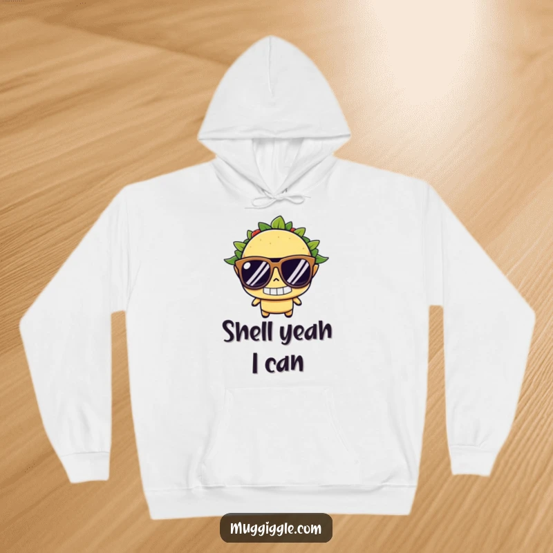 Funny taco hoodie, wearing oversized sunglasses with a determined grin, a warm and humorous piece for taco lovers and fans.