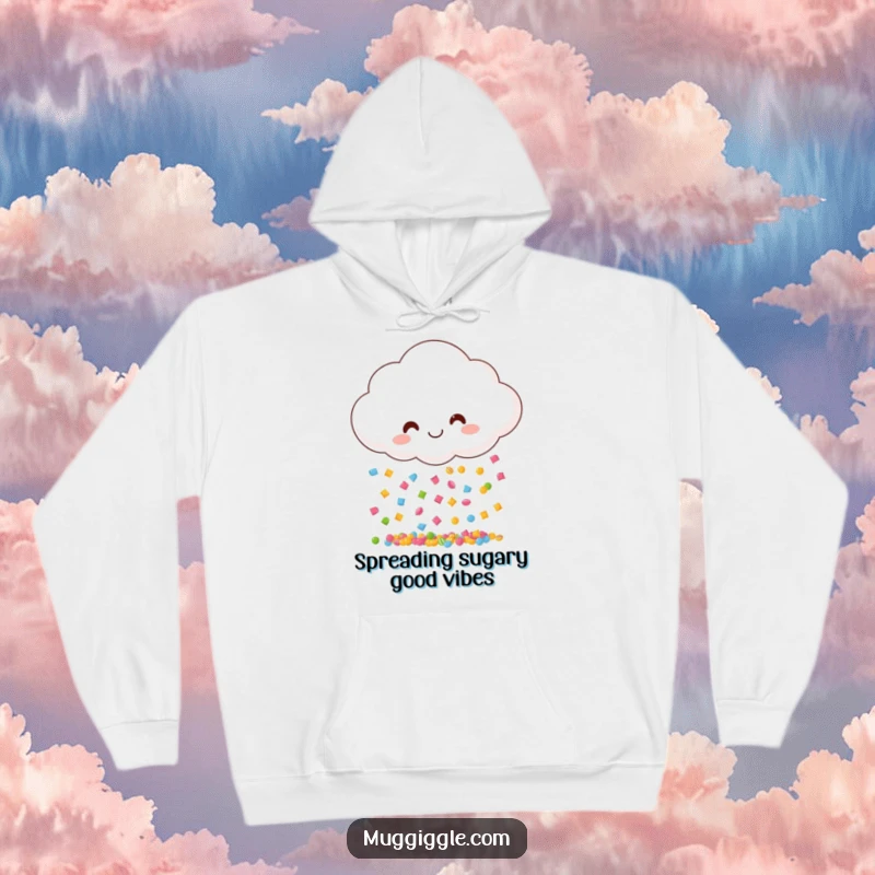 Funny hoodie featuring a smiling cloud raining colorful candies, offering cozy comfort and a sweet, cheerful vibe.
