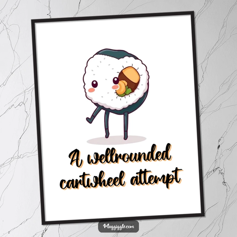 Funny Free Printable Wall Art: A determined sushi roll executes a cartwheel, bringing dynamic, humorous energy to any room as downloadable decor.