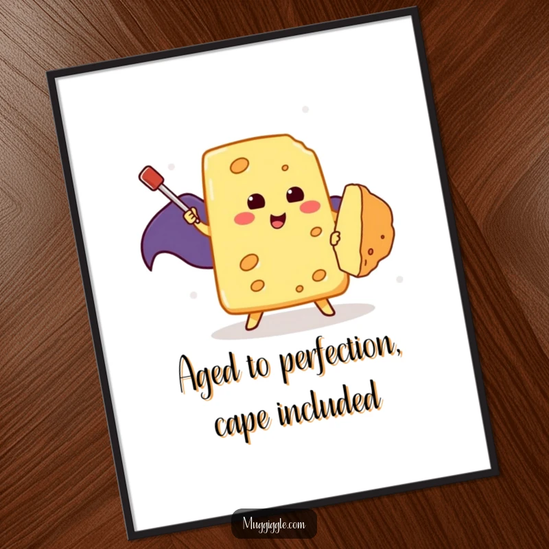 Funny Free Printable Wall Art: A brave piece of cheese in a cape fights a tiny crumb with a toothpick. Epic cheese battles!