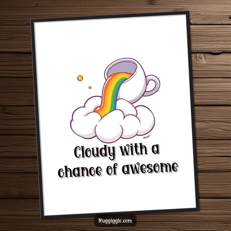Funny Free Printable Wall Art: A surprised fluffy cloud getting soaked by rainbow tea from a teacup overhead.