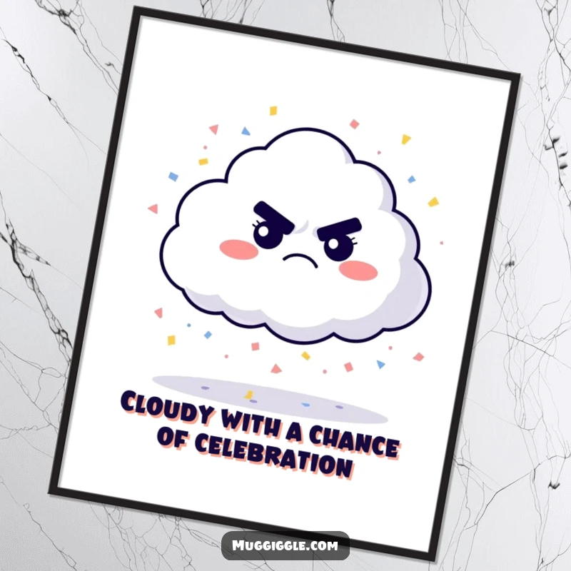 Funny Free Printable Wall Art: A grumpy cloud character dramatically rains colorful confetti, adding a humorous and unexpected artistic flair to your walls.