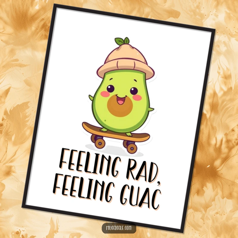 Funny Free Printable Wall Art: A grinning avocado in a hat rides a skateboard, adding a cool, humorous, and stylish touch to your decor.