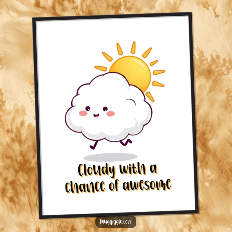 Funny Free Printable fluffy cloud with tiny legs excitedly chasing a beaming sun, downloadable wall art.