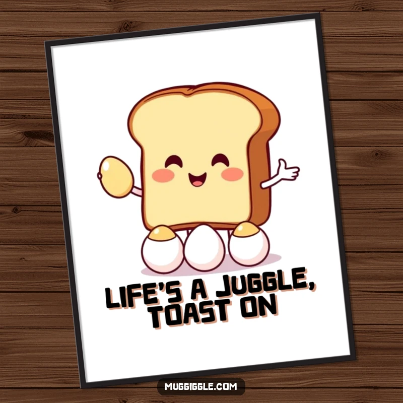 Funny free printable wall art of a smiling toast character juggling tiny eggs, perfect for a quirky kitchen.