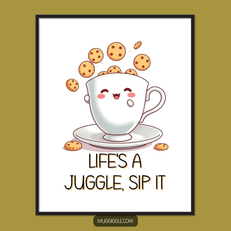 Free Printable Wall Art: Funny Teacup Cookie Juggling for Playful Decor!