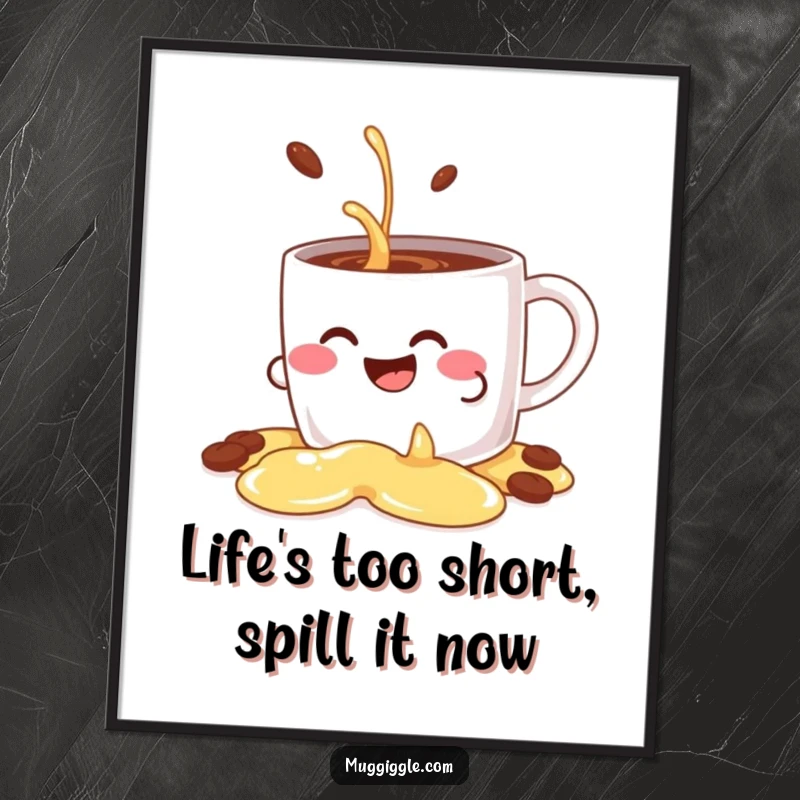 Funny Free Printable Wall Art of a giggling coffee mug character spilling its contents in a decorative, playful manner.
