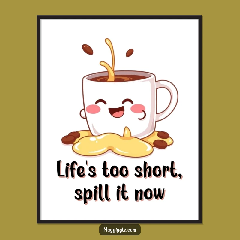 Free Printable Wall Art: Giggling Coffee Mug spills design! Funny downloadable art for your kitchen.