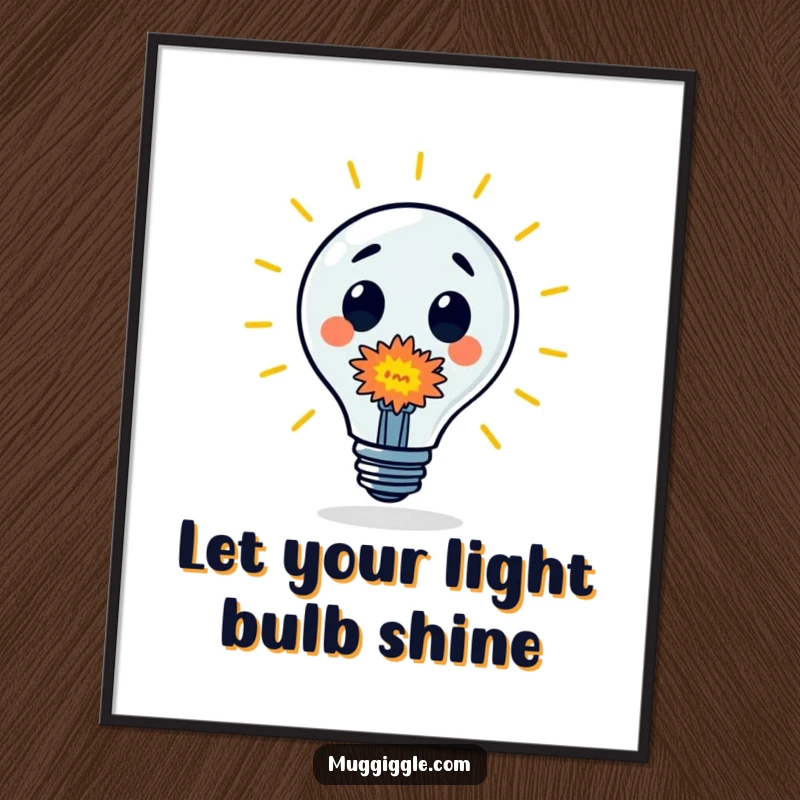 Funny Free Printable Wall Art: Surprised lightbulb character bursting with a tiny, colorful explosion, an icon of bright ideas.