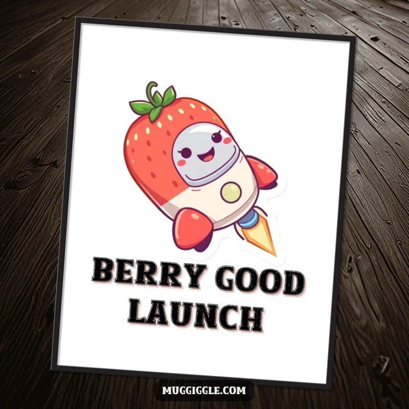 Funny Free Printable Wall Art, tiny rocket ship piloted by a smiling strawberry, wobbling mid-air, whimsical space theme decor.