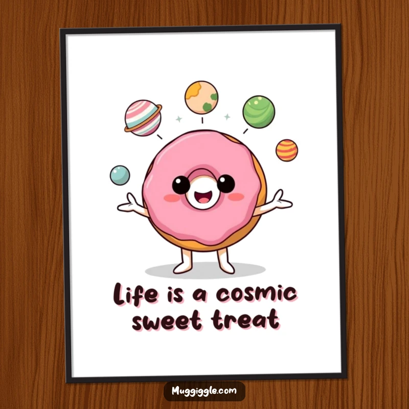 Funny Free Printable donut character joyfully juggling miniature planets, creating whimsical downloadable wall art.